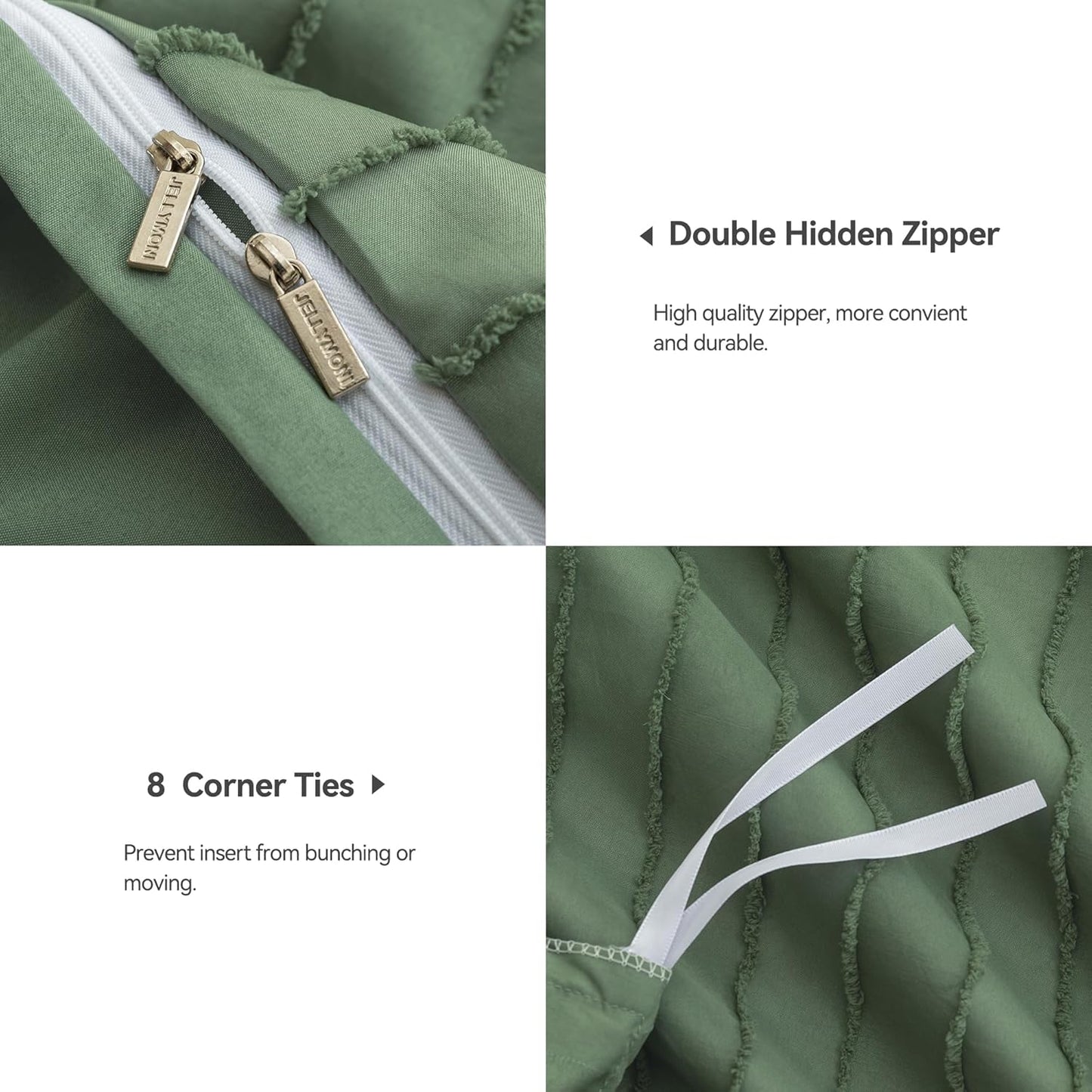 JELLYMONI Duvet Cover Oversized Queen Size Green - 3PCS Boho Striped Duvet Cover Set Polyester Tufted Bohemian Textured Comforter Cover 98×98in with Corner Ties & Zipper and 2 Pillowcases