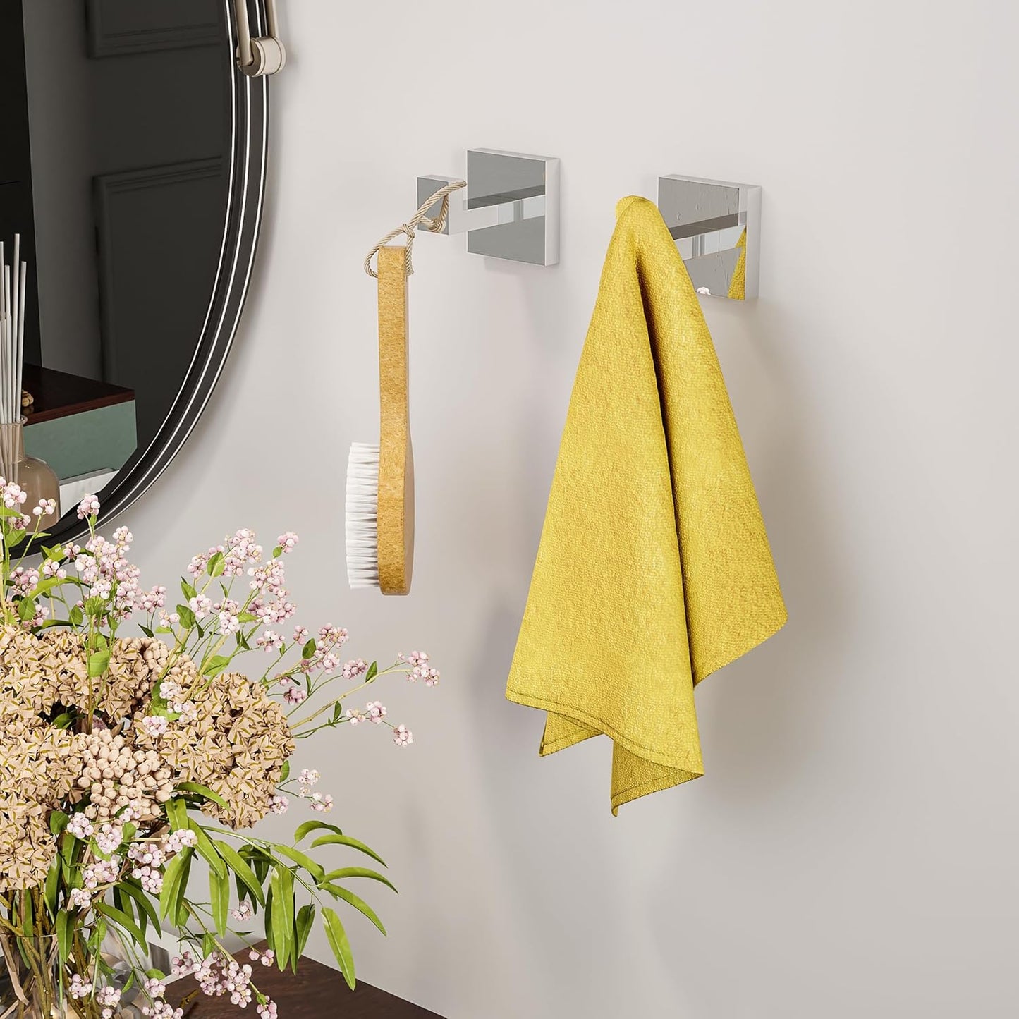 Ruacq Towel Hooks for Bathrooms, 2pcs Square Base Robe Coat Clothes Hook Wall Mount, SUS 304 Stainless Steel Wall Hooks for Hanging, Heavy Duty(Chrome)