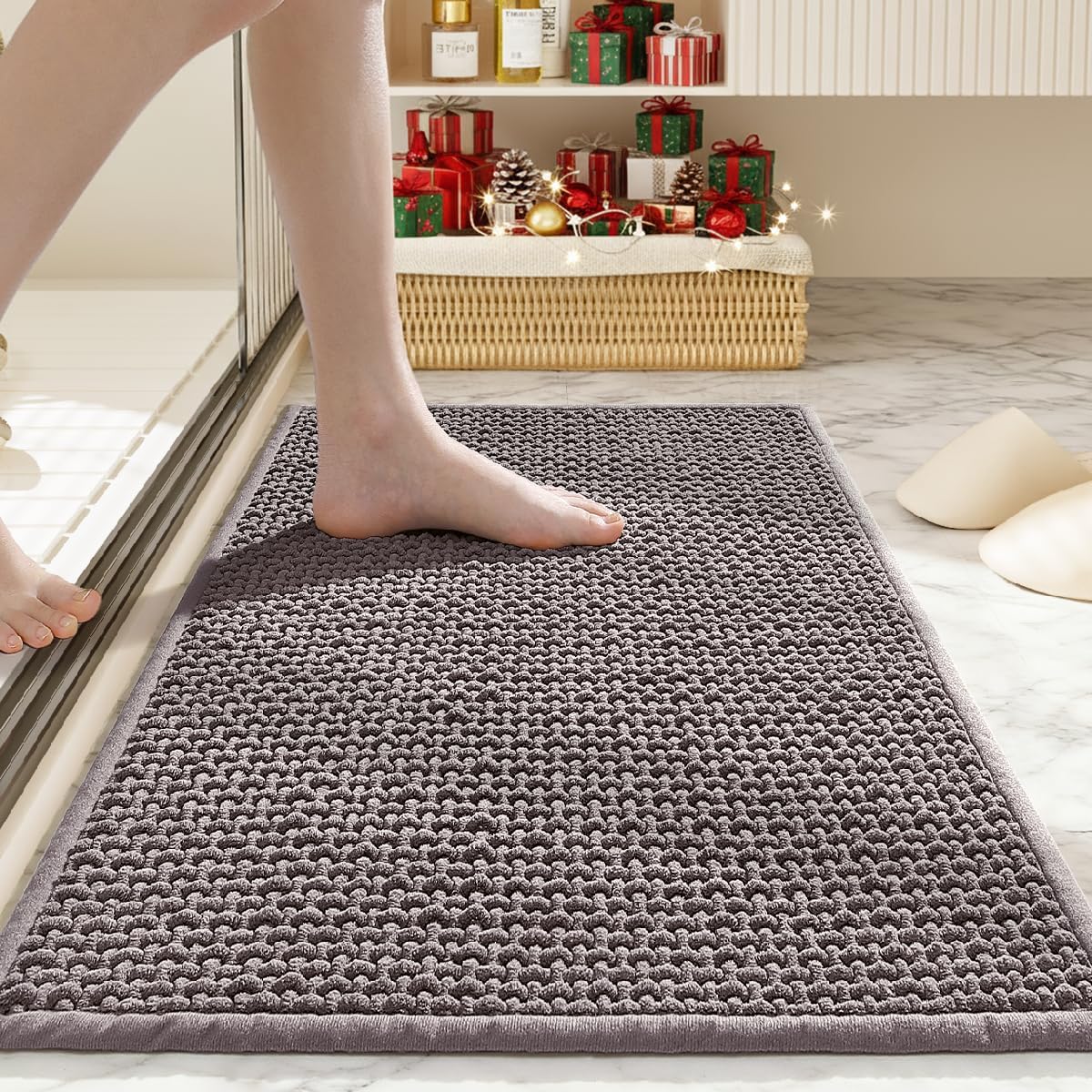 Bathroom Rugs Non Slip Washable, Super Absorbent Thin Bath Mat for Small Quick Dry Low Pile Bathroom Rug, (Light Gray, 36″x24″)