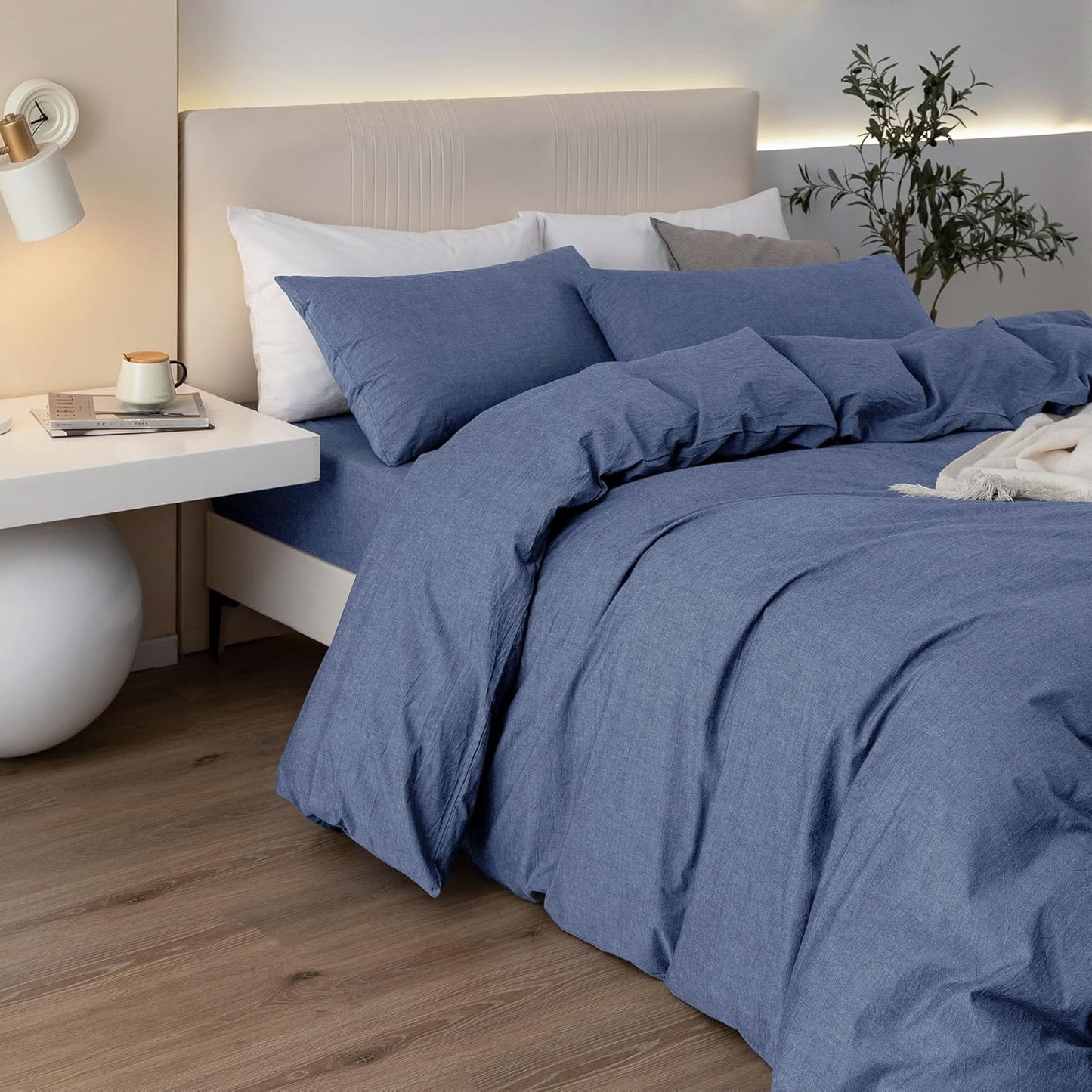 JIYUAN 100% Washed Cotton Duvet Cover Set 3 Pieces Cal King, 1 Duvet Cover 104x98 Inches(Comforter Not Included) and 2 Pillowcases,Linen Like Comfy and Breathable,Heathered Blue