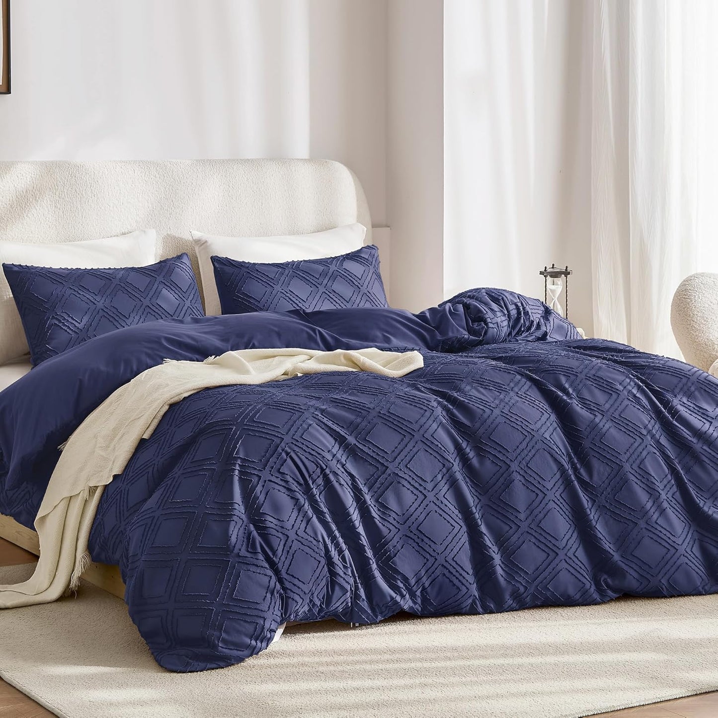 JELLYMONI Duvet Cover Twin Size Navy Blue - 3PCS Boho Duvet Cover Set Plaid Polyester Tufted Bohemian Jacquard Knit Textured Comforter Cover 68×90in Rhombic Geometric Pattern Corner Ties & Zipper