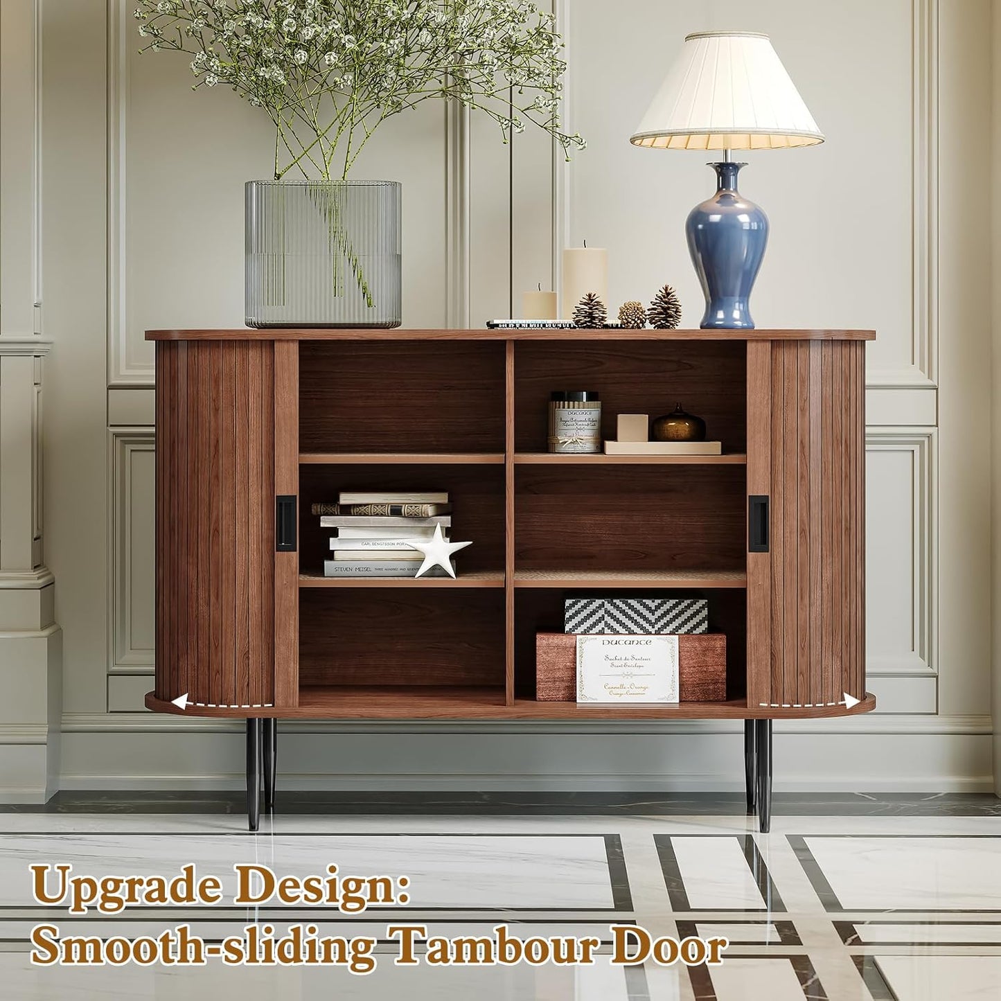 ARTPOWER 47.2" Sideboard Buffet Cabinet with Tambour Door, 6 Heights Adjustable Shelves, Accent Console Cabinet with Storage, Modern Credenza for Living Room, Dining Room, Entryway, Walnut