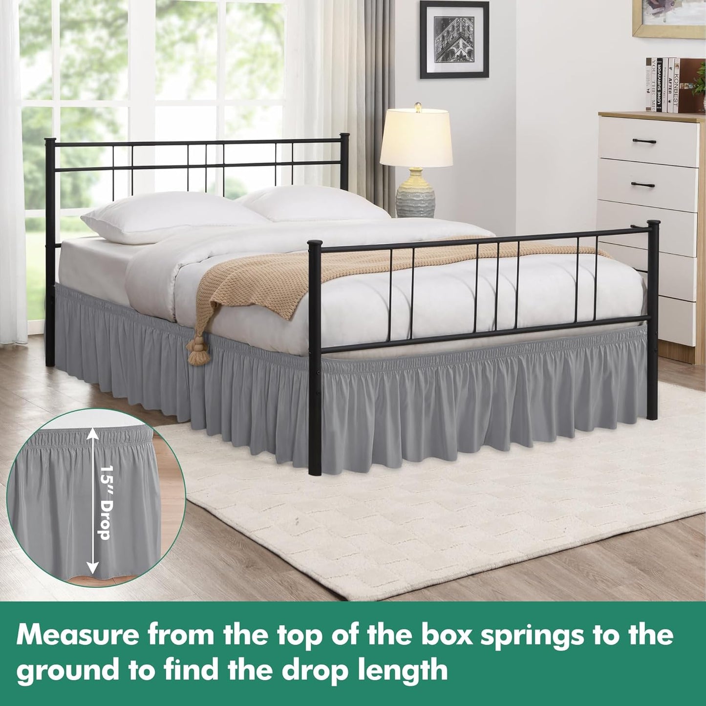 Biscaynebay Wrap Around Bed Skirts with Split Corners for King Beds 15 inch Drop, Silver Grey Adjustable Elastic Dust Ruffles Easy Fit Wrinkle Resistant Silky Luxurious Fabric Machine Washable