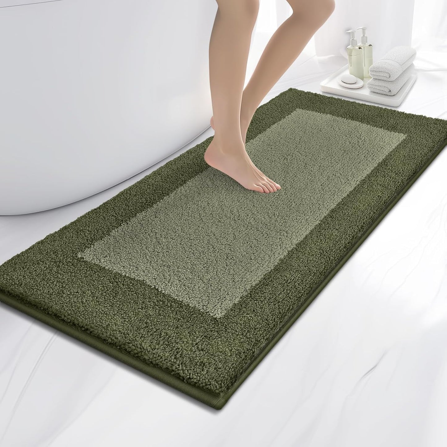 Bathroom Rugs 24" x 60", Non-Slip Extra Soft Absorbent Bath Rugs, Machine Washable Quick Dry Bath Mats for Bathroom Floor, Shower, Bathtub and Sink, Olive Green & Green