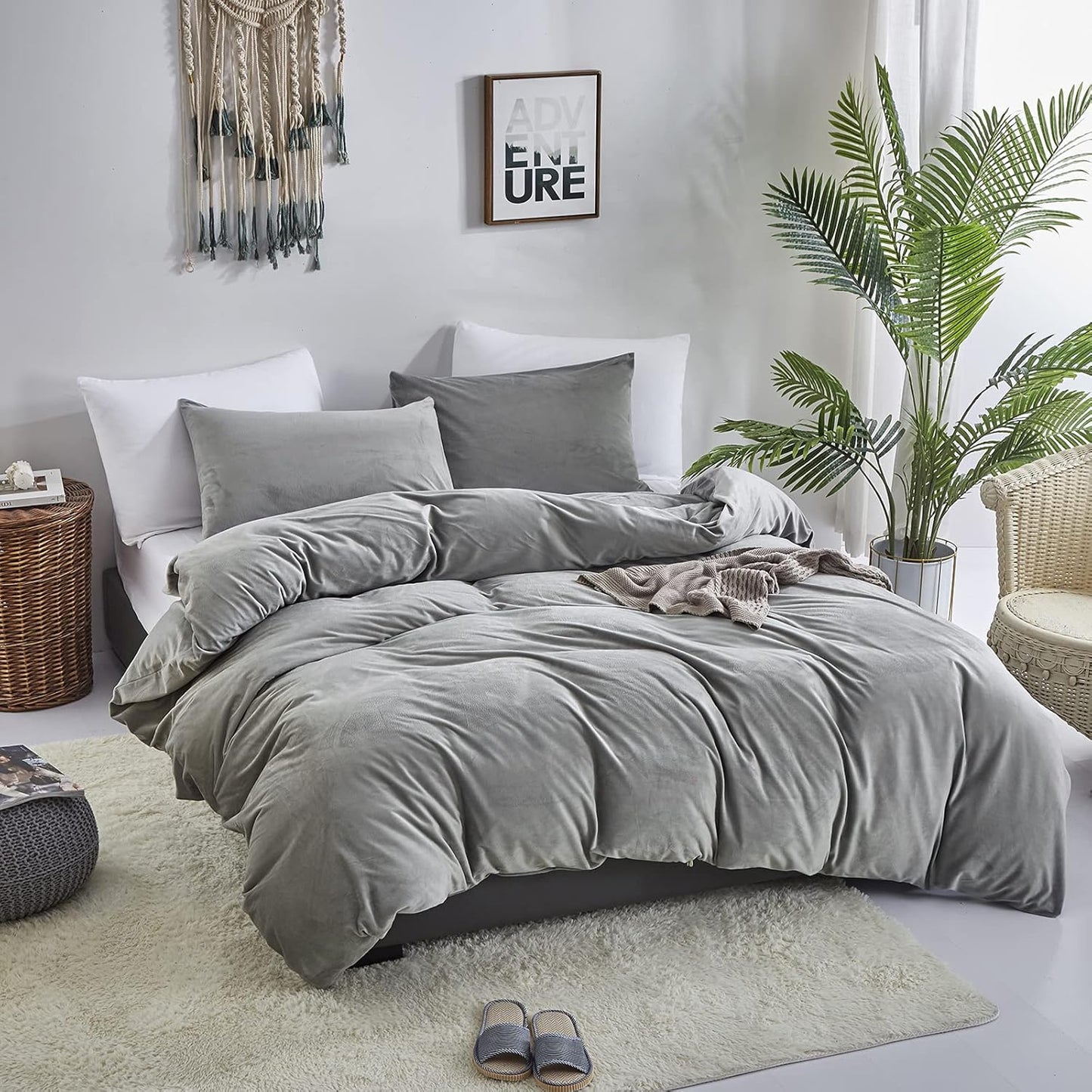 Cottonight Gray Velvet Comforter Set Queen Plush Fluffy Grey Flannel Bedding Comforter Set Full Modern Warm Thick Heavyweight Winter Grey Comforter with 2 Pillowcases for Men Women Hotel Quality