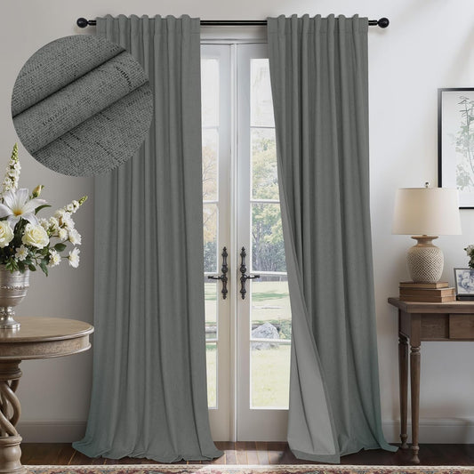 Grey Blackout Curtains for Bedroom 84 Inch Length 2 Panel Linen Textured Thermal Insulated Winter Blocking Darkening Window Drape Black Out Long Curtain for Living Room Sliding Door Back Tab Dark Gray