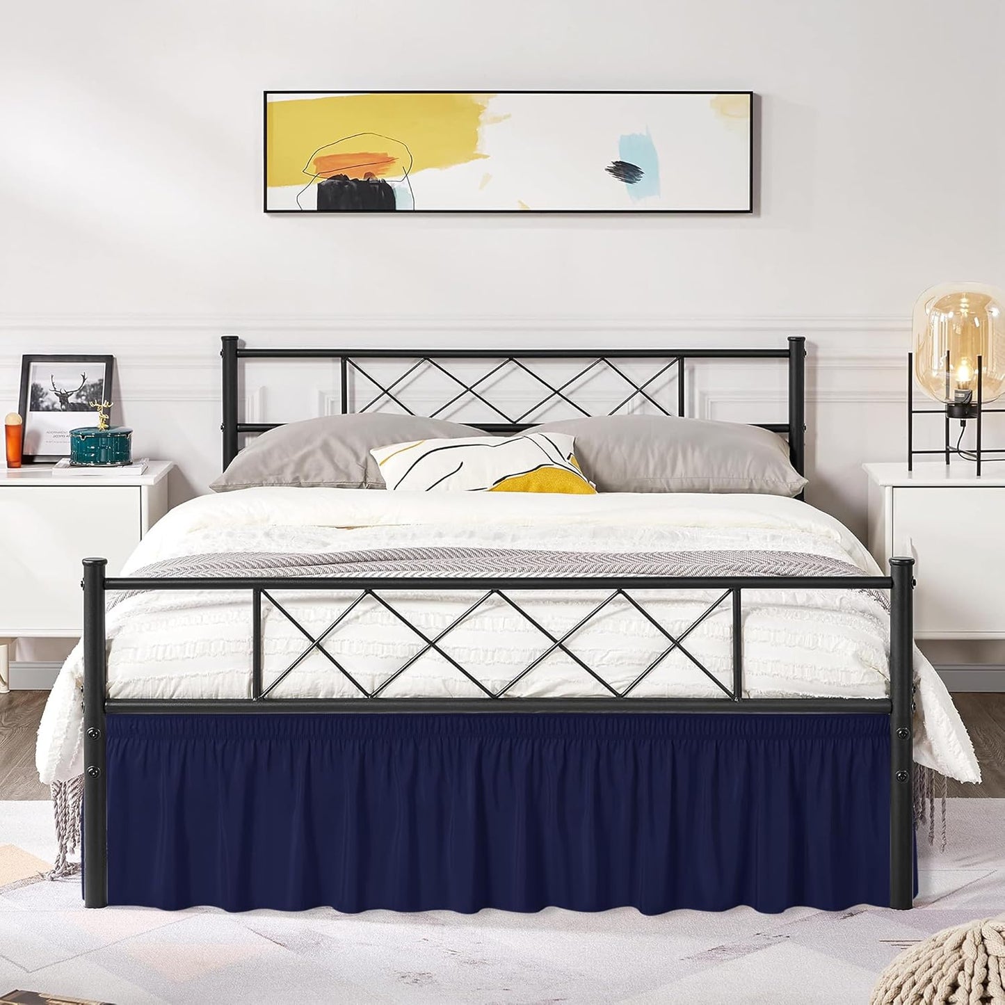 Biscaynebay Wrap Around Bed Skirts with Split Corners for Full Beds 15" Drop, Navy Adjustable Elastic Dust Ruffles Easy Fit Wrinkle Resistant Silky Luxurious Fabric Machine Washable