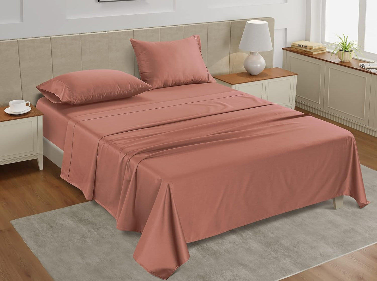 LANE LINEN Twin Size Sheets – 450 Thread Count 100% Cotton Sheets, Naturally Cooling & Soft Sateen Weave, 15” Deep Pocket Fully Elasticized Fitted Sheet, Premium Bedding, Rose Dawn