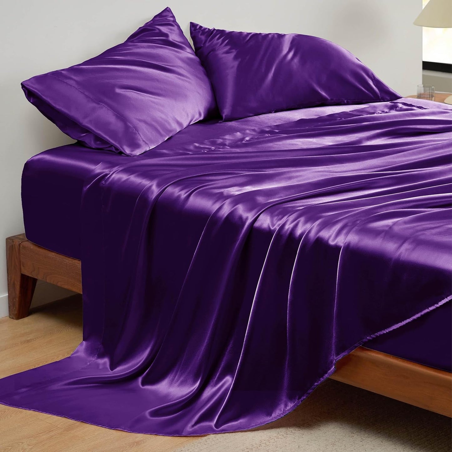 Bedsure Satin Sheets Queen Size - 4 Piece Silky Bedsheets with 15 Inches Deep Pocket Fitted Bedsheet,1 Flat Sheet, 2 Satin Pillowcases, Good for Hair & Skin (Queen, Purple)