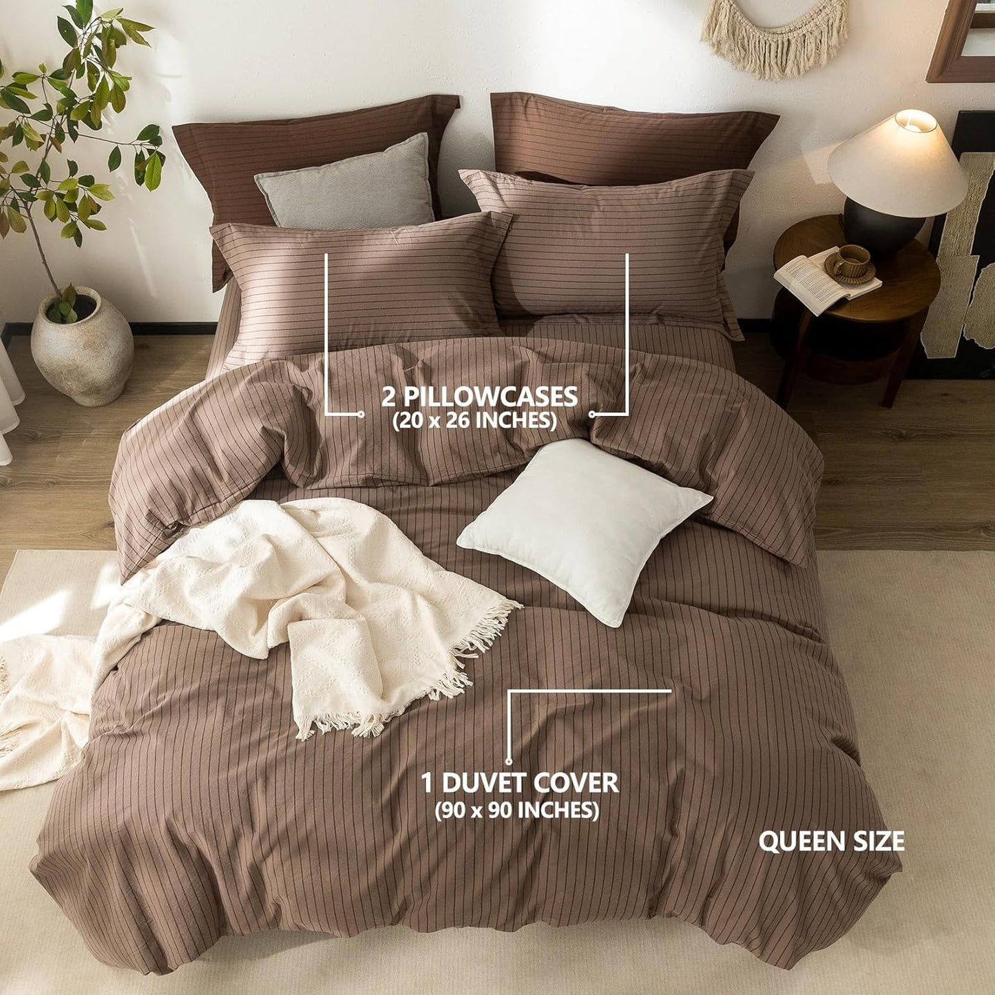 Stripe Duvet Cover Queen Size 90inch x 90inch,100% Washed Cotton Pinstripe Duvet Cover with Zipper Closure and 2 Pillowcases, Color of Light Brown-Black Stripe