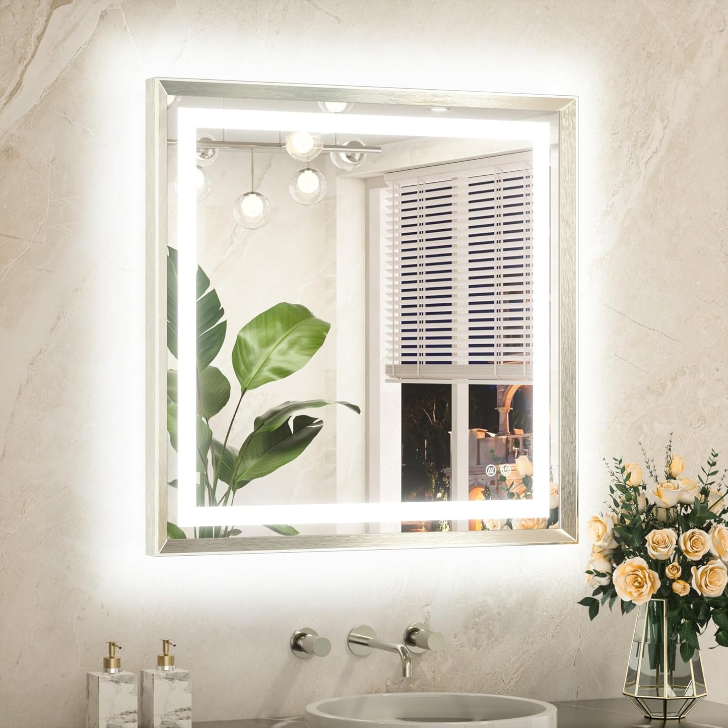 TETOTE Led Bathroom Mirror 30 x 30 with Brushed Bright Nickel Frame Anti-Fog Frontlit & Backlit Vanity Mirror Stepless Dimmable Mirrors for Bathroom Wall 3 Colors White/Warm/Natural Wall-Mounted