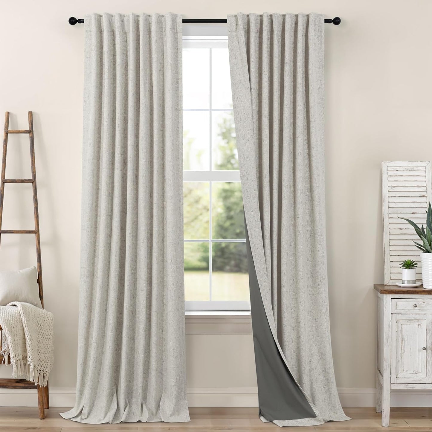Linen Blackout Curtains 84 Inch Length 2 Panels Set for Living Room Bedroom Back Tab Thermal Insulated 100% Black Out Linen Drape Room Darkening Window Curtain 84 Inch Long Stone Taupe Birch Tan Beige