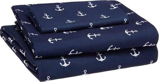 Amazon Basics 3-Piece Kid's Soft Easy Wash Lightweight Microfiber Sheet Set, Twin, White Anchors-4 Pack, Printed