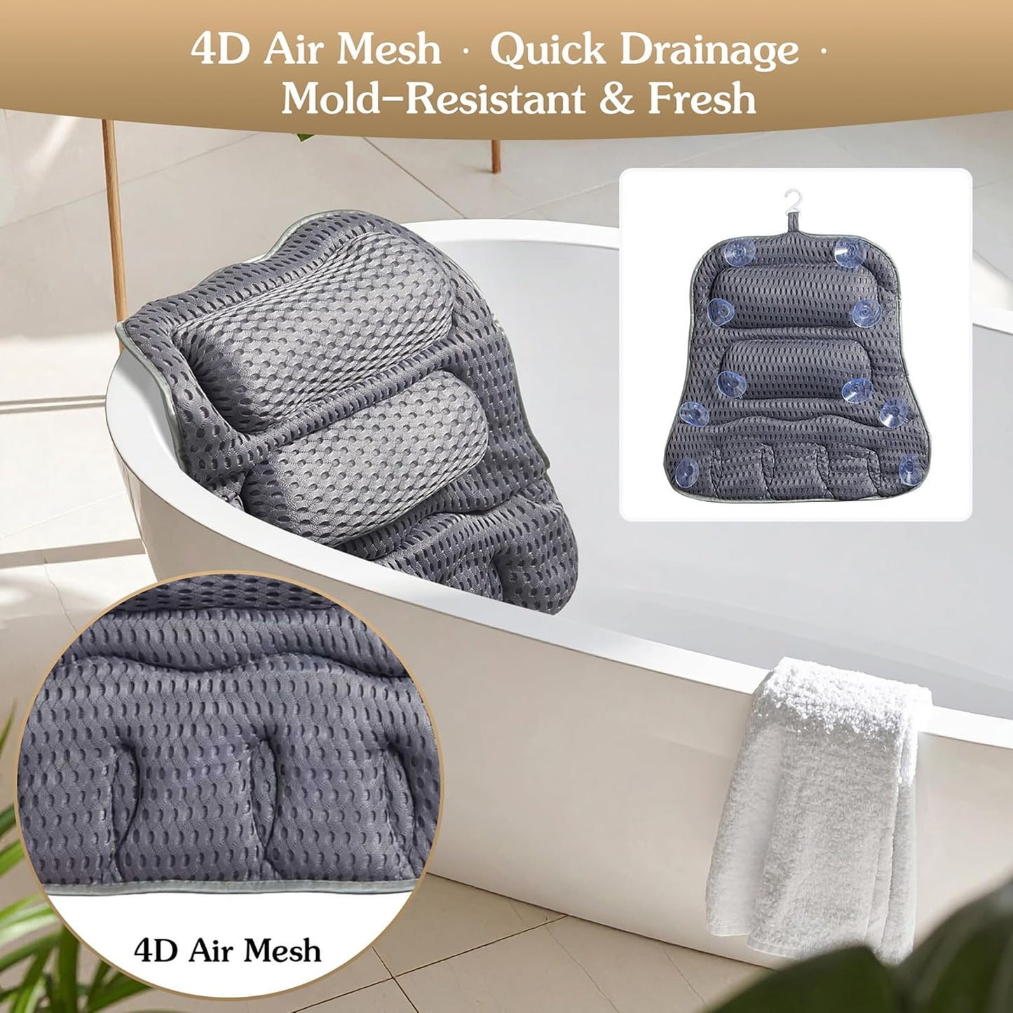 Luxury Bath Pillow for Tub, Dual Headrest & Back Support, 4D Air Mesh Quick-Dry Cushion, 10 Strong Suction Cups, Extra-Large Spa Bathtub Pillow Gift for Women(Grey)