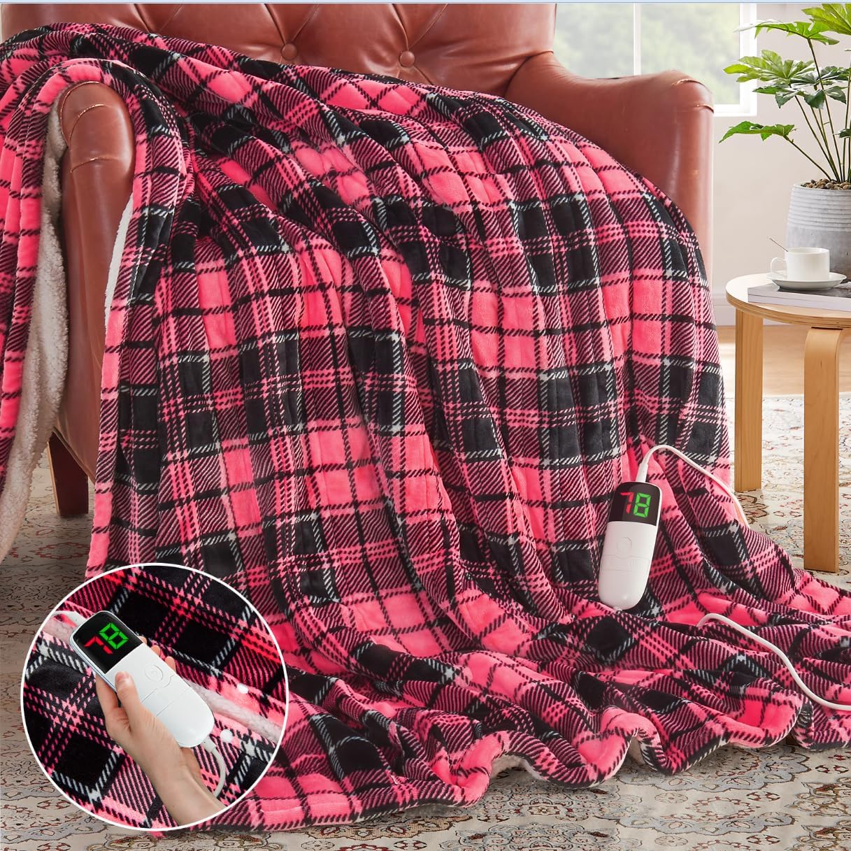 OCTROT Heated Blanket Electric, Twin Size 62X84, Heating Blanket with 10 Heating Levels & 8 Hours Auto Off, Pink Plaid Checkered Plaid Sherpa Blankets Warmer for Adults, Fast Heating Washable