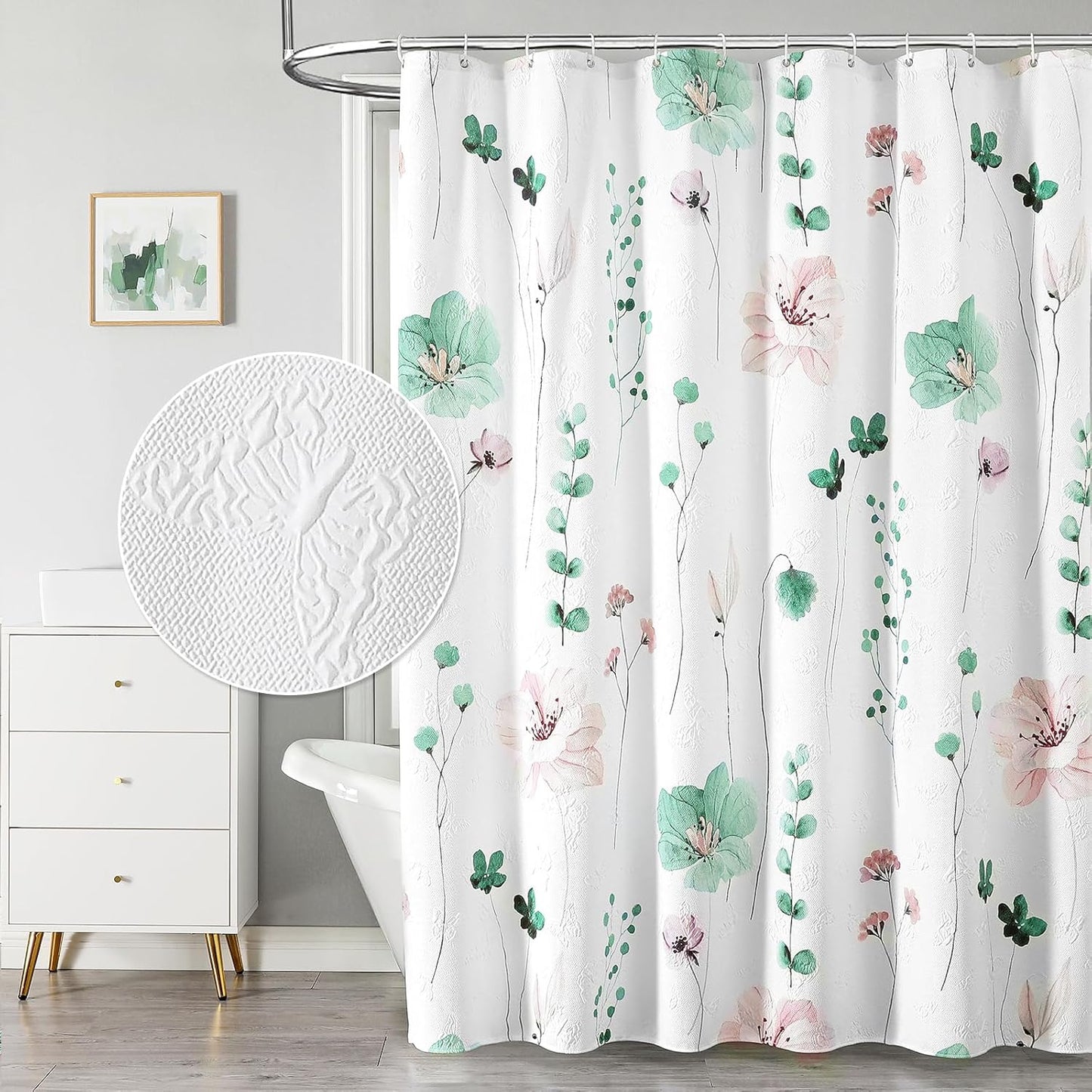 QiyI Extra Long Shower Curtain 72 x 84, Modern Watercolor Floral Bath Curtain, 3D Embossed Texture Sage Green Flower Cloth Bathroom Curtain, Waterproof Fabric Farmhouse Shower Curtain Set with Hooks