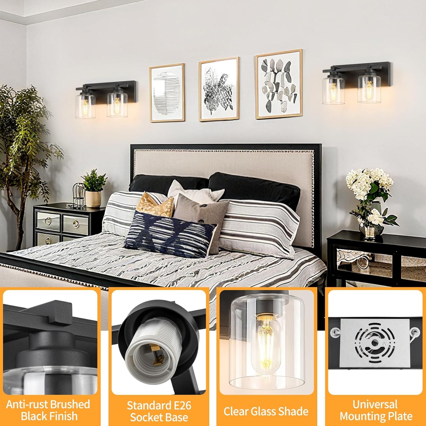 2 Light Modern Bathroom Light Fixtures Over Mirror, Black Vanity Lights for Bathroom Wall Sconces with Clear Glass Shades, E26 Socket (Bulbs Not Included)