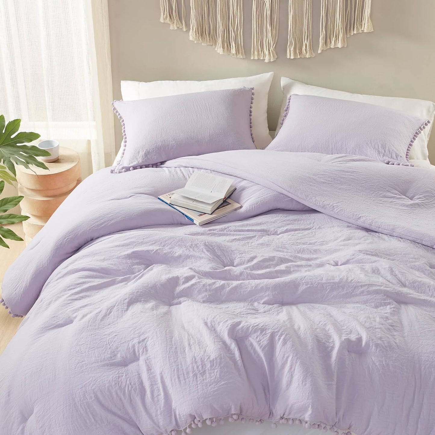 Codi Lavender Purple Full/Queen Comforter Set - Boho Aesthetic Bedding with Luxurious Pom Fringe, Soft Washed Microfiber 3pc Set, Couple-Friendly Lightweight Design, 1 Comforter & 2 Pillow Shams