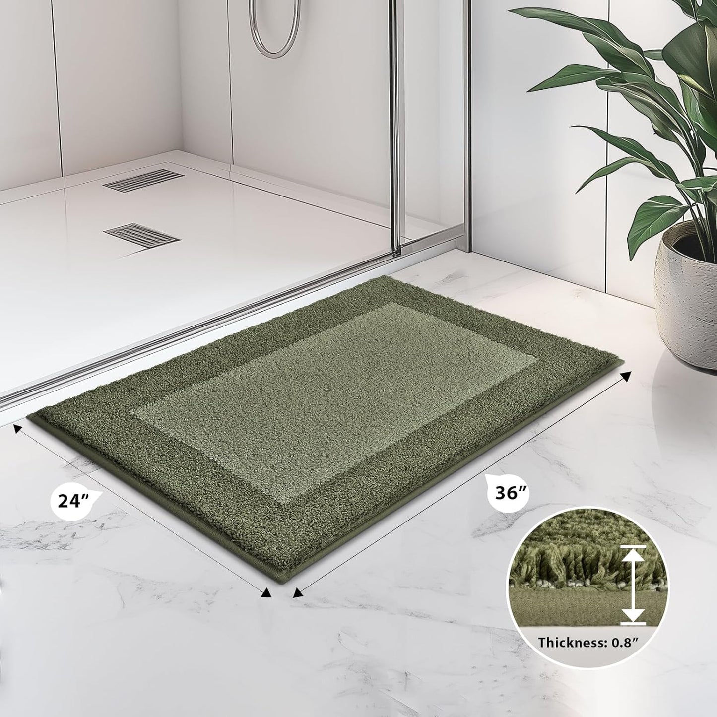 Bathroom Rugs 24" x 36", Non-Slip Extra Soft Absorbent Bath Rugs, Machine Washable Quick Dry Bath Mats for Bathroom Floor, Shower, Bathtub and Sink, Olive Green & Green