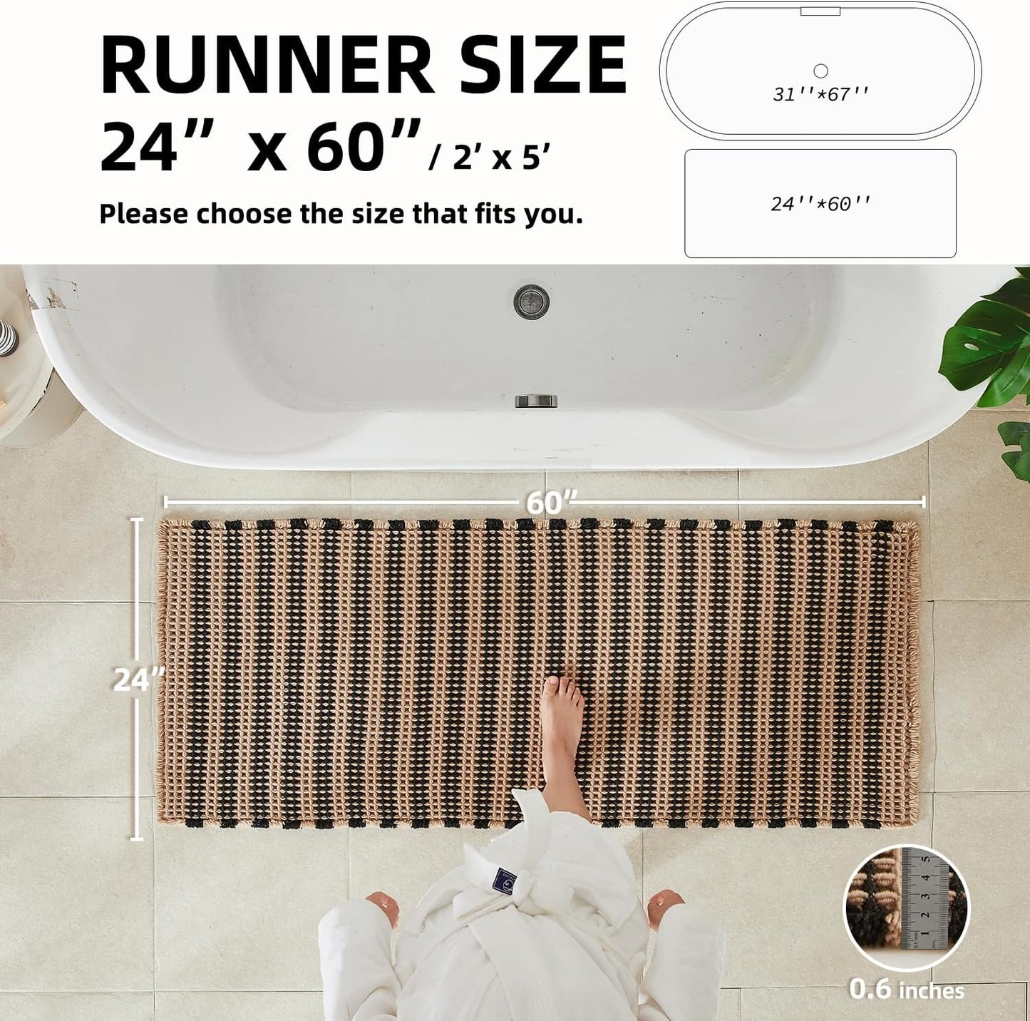 Waffle Runner Rug Bathroom, Long Boho Bathroom Rugs Non Slip Washable Super Absorbent Quick Dry Farmhouse Bath Decor, 60"x24" Black and Khaki