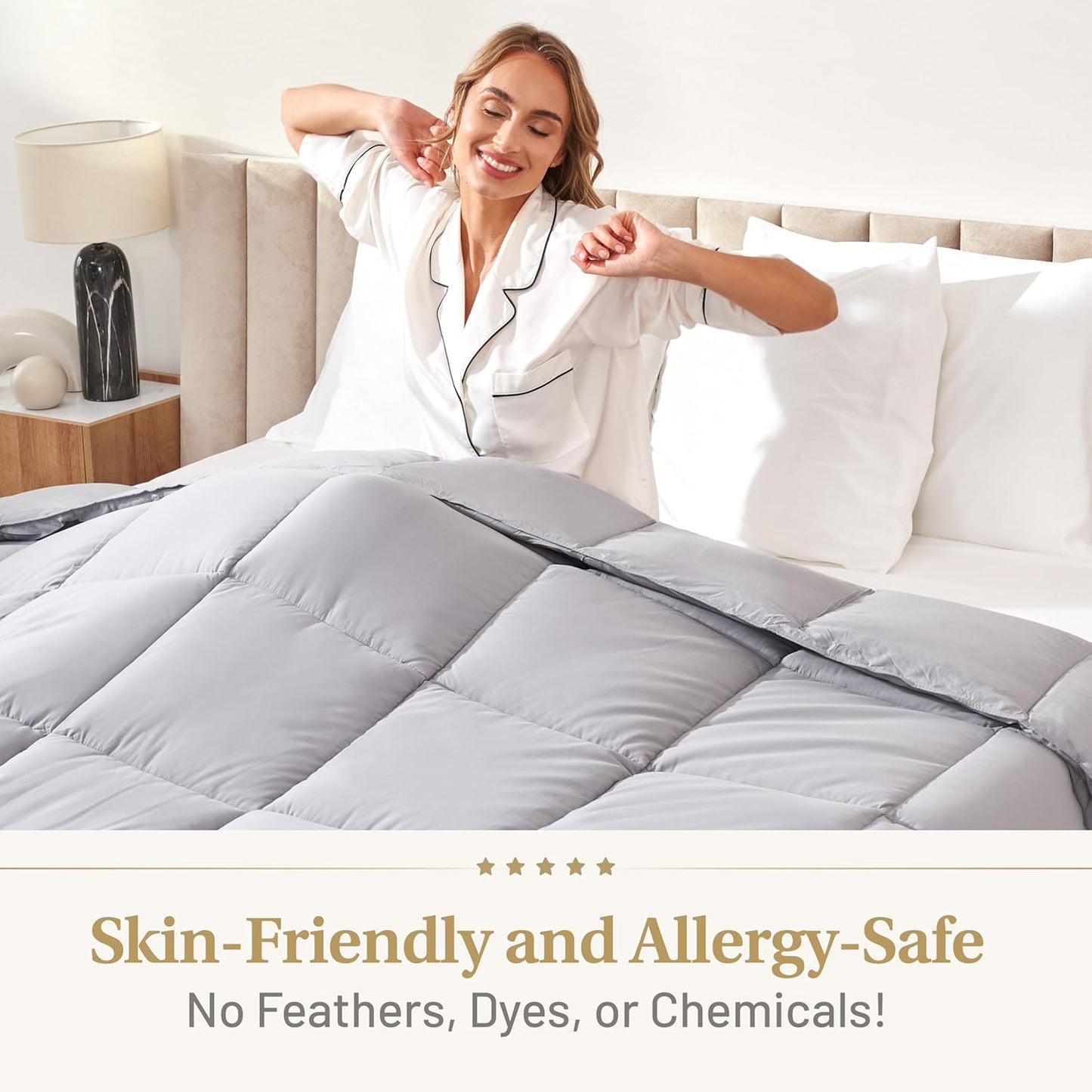 Lavish Comforts® Gray Comforter Queen – Fluffy Down Alternative Duvet Insert, Light Gray Comforter, All-Season Bedding, Hypoallergenic, Machine Washable, Queen Duvet Insert with Corner Loops