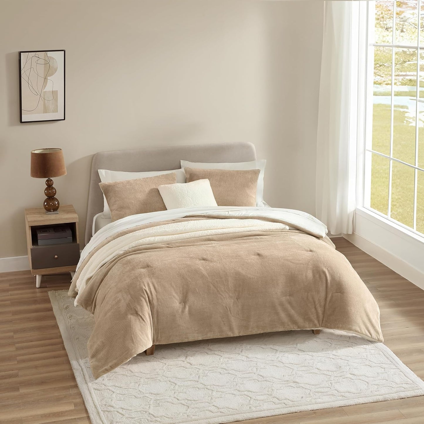 UGG Comforter Set 5 Piece Bed in a Bag with Throw Blanket, Decorative Pillow, Shams, and Reversible Comforter Hypoallergenic Washable Luxury Warm Fluffy Bedding Set, Ivory, King Size (Remina)