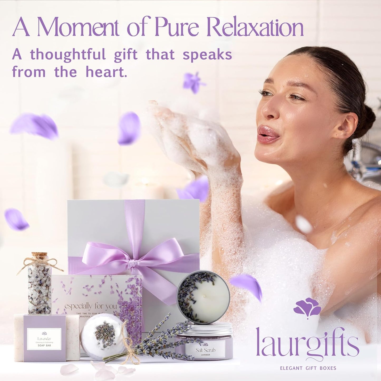 Lavender Small Spa Gift Box for Women – Relaxing Self Care Set with Candle, Bath Bomb, Soap & Scrub – Birthday, Thank You, Christmas, Housewarming, Bridal Shower, Get Well Soon Gift Basket for Her