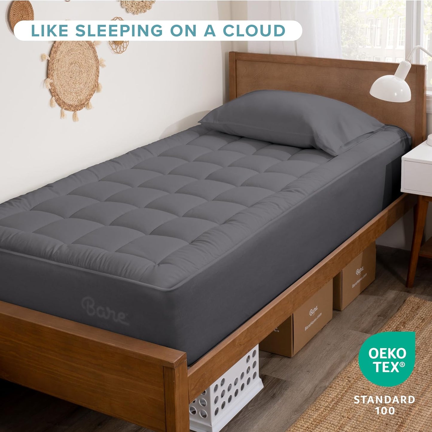 Bare Home Mattress Topper Cotton Top - Twin Extra Long - Plush Topper for Mattress - College Dorm Room Essentials - Cooling Breathable Air Flow - 8" to 21" Deep Pocket - Soft Bed Pad (Twin XL, Grey)