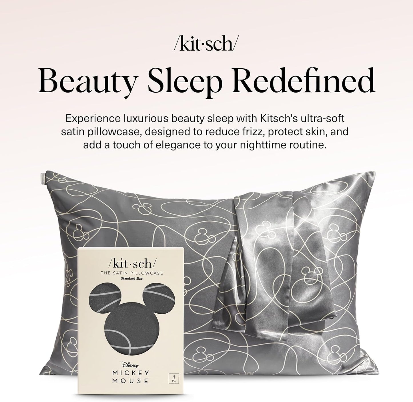 Kitsch Disney Mickey Mouse Satin Pillowcase with Zipper Softer Than Silk, Cooling Pillow Case for Hair & Skin, Wrinkle-Free, Machine Washable, Queen/Standard (19x26)