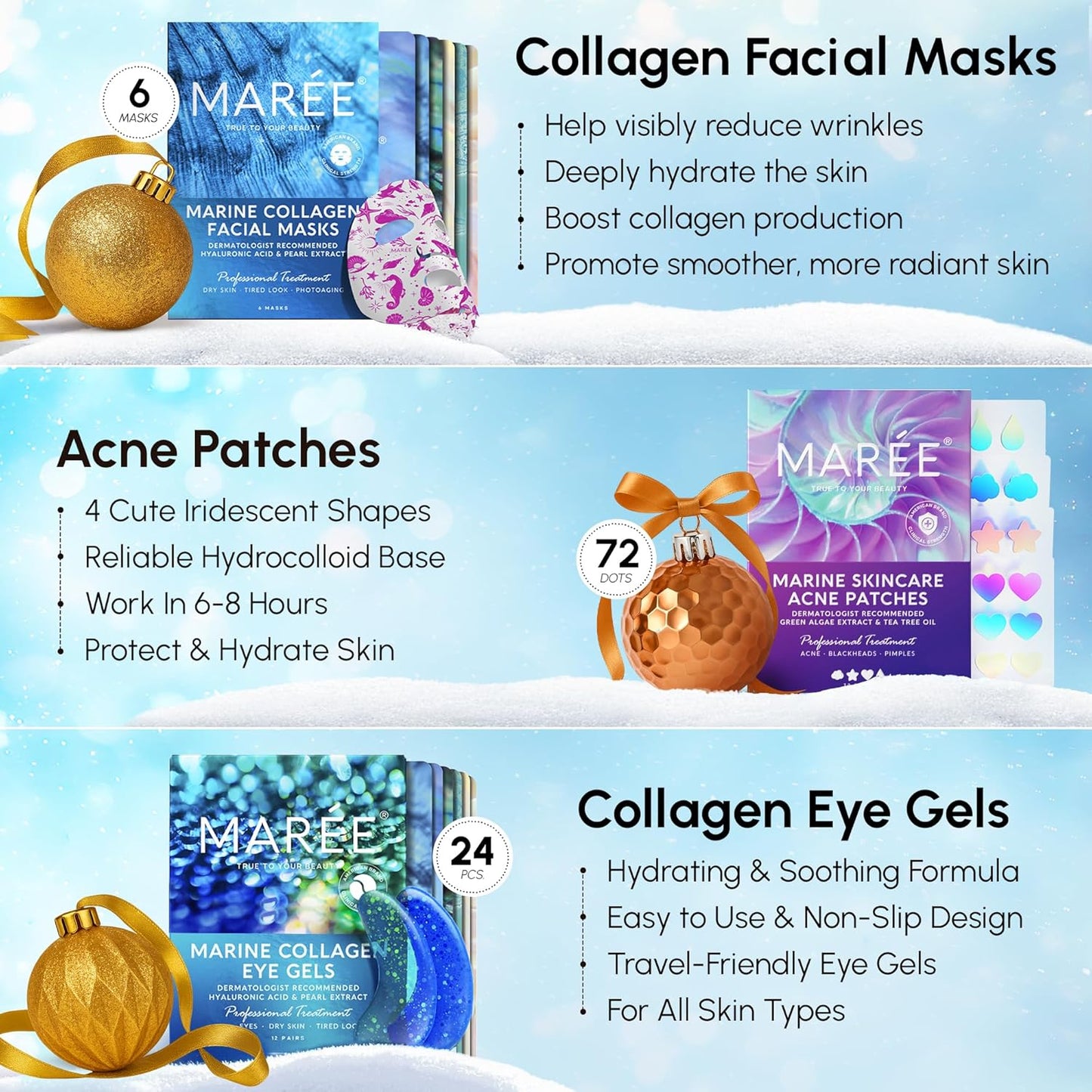 MAREE Holiday Skincare Gift Set — Under Eye Patches, Collagen Face Mask & Cute Pimple Patches for Face — Christmas Gifts & Stocking Stuffers for Women and Men — Top Christmas Gifts for Mom & Coworkers