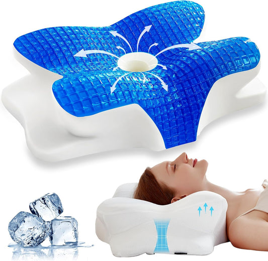 EUCIOR Cooling Gel Pillows for Neck and Shoulder,Cervical Pillow Cozy Sleeping,Odorless Ergonomic Contour Memory Foam Pillows for Side Back Stomach Sleepers with Pillowcase (White)