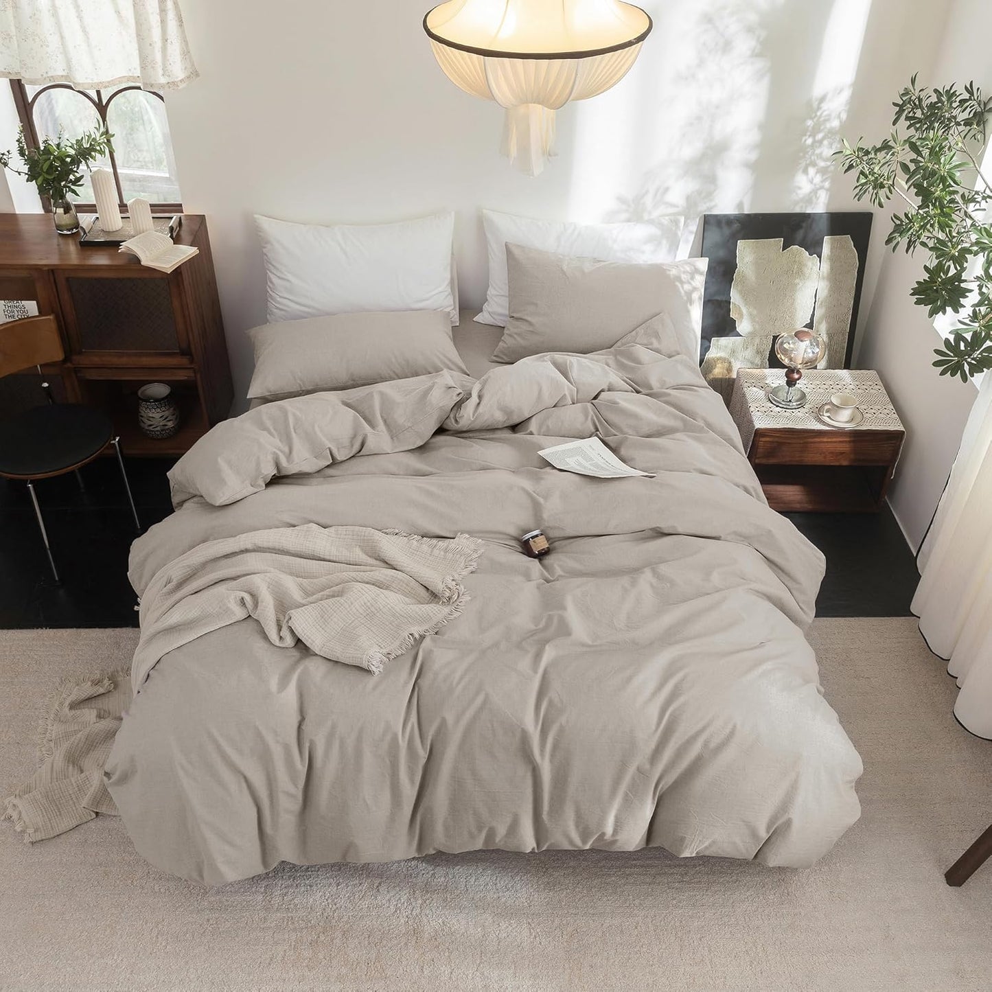 FOSSA Duvet Cover Set 100% Washed Cotton Linen Feel Super Soft Breathable Cozy 3 Pieces Bedding Sets Solid Cream Grey Super King