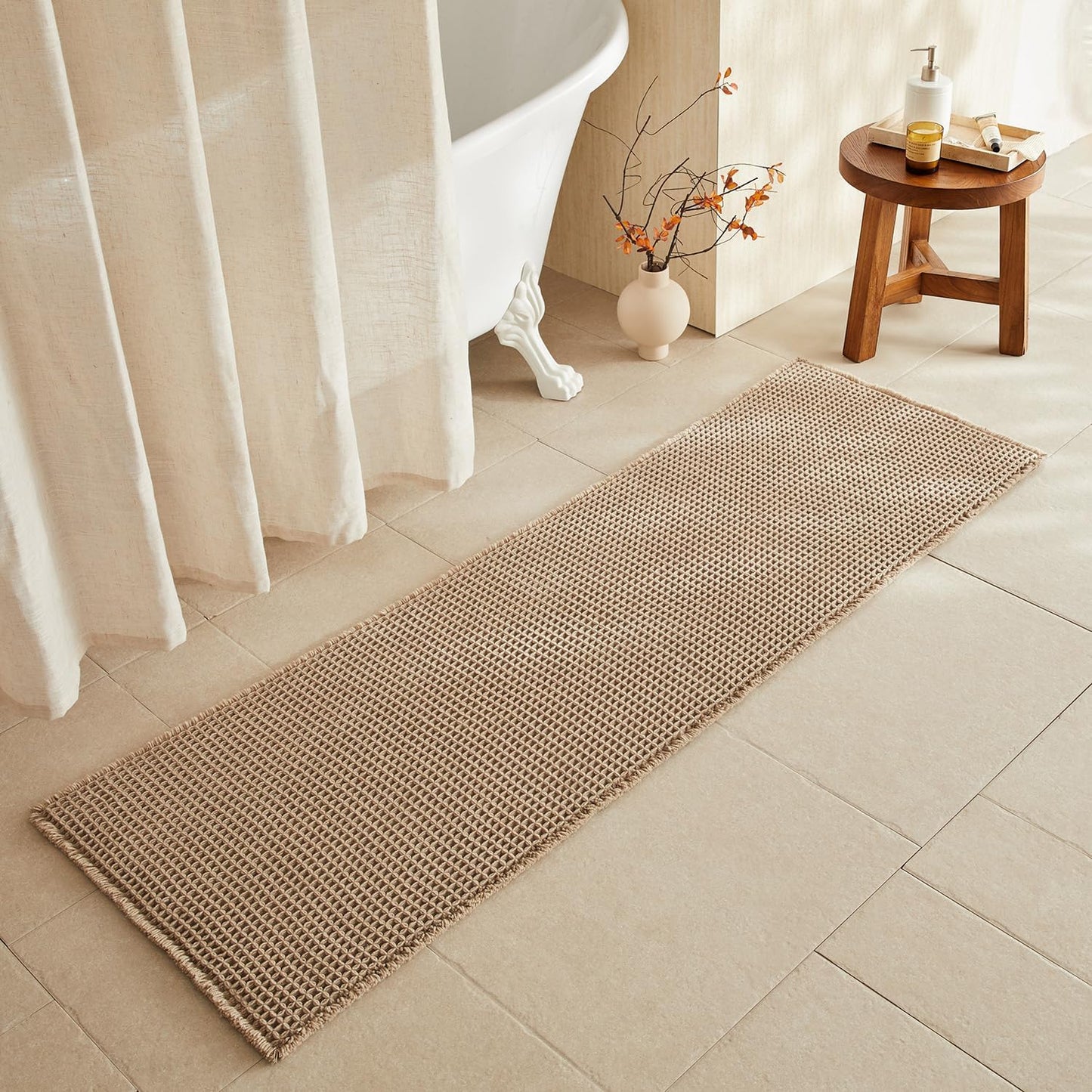 Waffle Runner Rug Bathroom, Long Boho Bathroom Rugs Non Slip Washable Super Absorbent Quick Dry Farmhouse Bath Decor, 72"x24" Beige