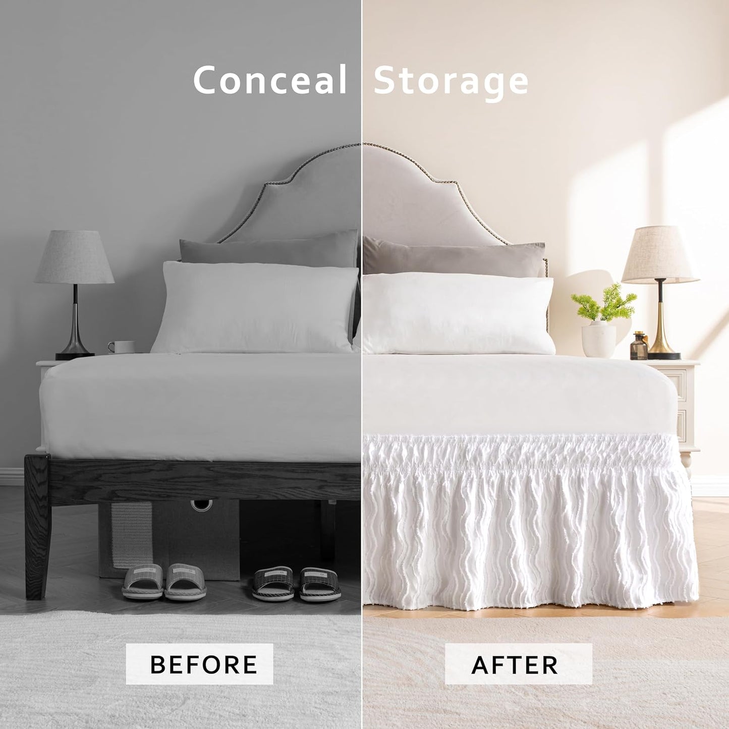 MIYE Wavy Tufted Bed Skirt - Wrap Around Dust Ruffle with Elastic Belts - 12.5 Inch Drop Easy to Put On - Bedskirt Machine Washable ＆ Wrinkle Resistant(Wavy/White, King/Queen-12.5 Drop)