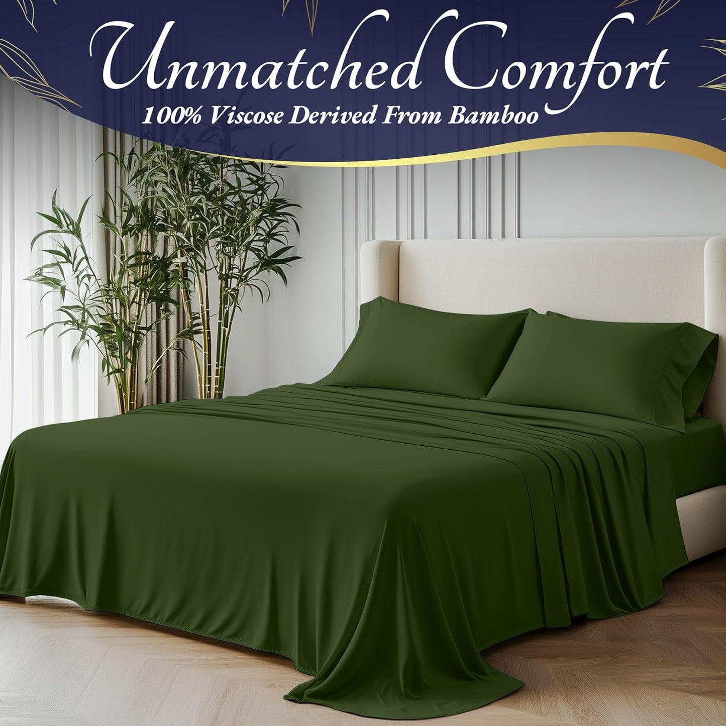 DECOLURE 100% Viscose Derived from Bamboo Sheets Queen Size 4pcs - Ultra Soft & Luxuriously Cooling, 17" Deep Pocket, Double Stitching, Perfect for Hot Sleepers - Queen Bed Sheets (Olive)