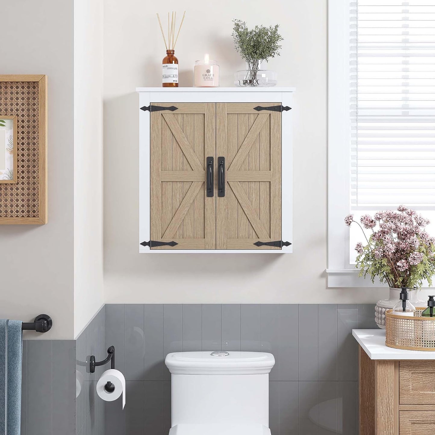 Spirich Bathroom Wall Cabinet Over Toilet, Farmhouse Wall Mounted Medicine Cabinet Organizer with Wood Grain Barn Doors and Adjustable Shelves