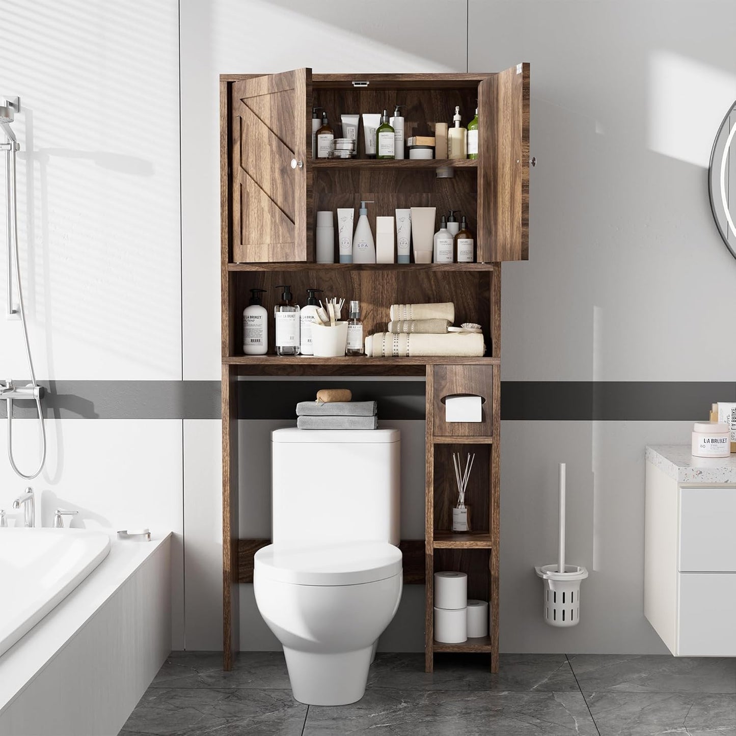 Meilocar Bathroom Storage Cabinet Over Toilet with Toilet Paper Holder Stand, Freestanding Bathroom Storage Organizer Cabinet Space Saver W/Adjustable Shelf, Walnut
