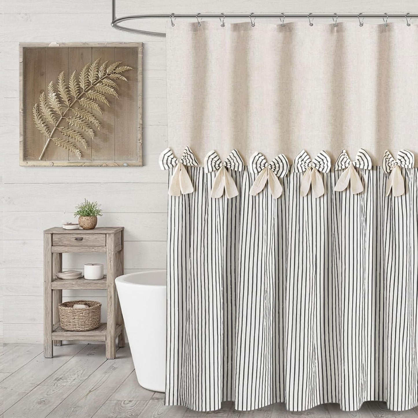 Farmhouse Shower Curtain Linen Bow Woven Fabric Country Rustic Western, Pleated Black Stripe 72" W x 72" L