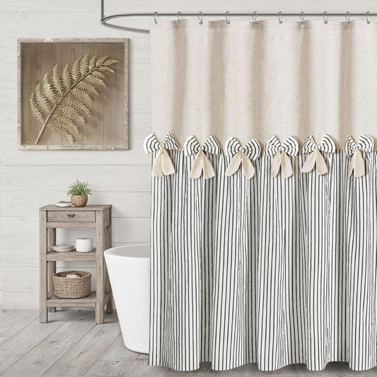 Farmhouse Shower Curtain Linen Bow Woven Fabric Country Rustic Western, Pleated Black Stripe 72" W x 72" L