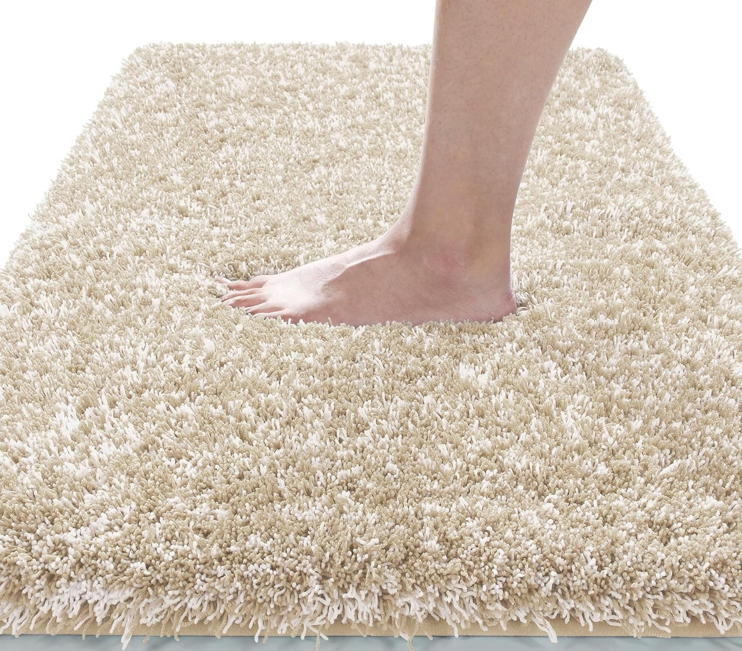 Yimobra Fluffy Plush Bath Rug, Shaggy Soft Comfortable Non Slip, Water Absorbent Microfiber Bath Mat, Dry Quick, Machine Washable Thick Bathroom Floor Rugs for Shower, 44"x 24", Light Beige and White