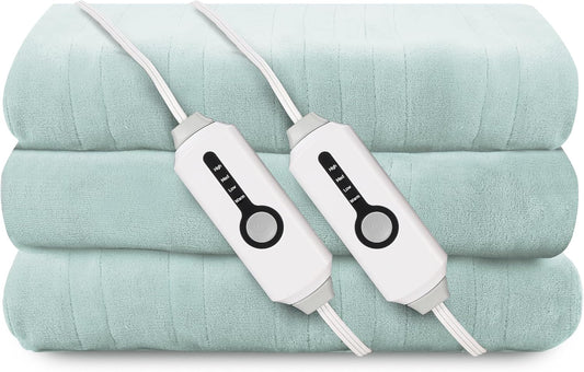 Electric Heated Blanket 90"x100" King Size, Soft Coral Fleece, Dual Controllers with 4 Heating Levels and 10 Hours Auto-Off, Machine Washable, Cozy Plush Fabric for Home, Mint Green