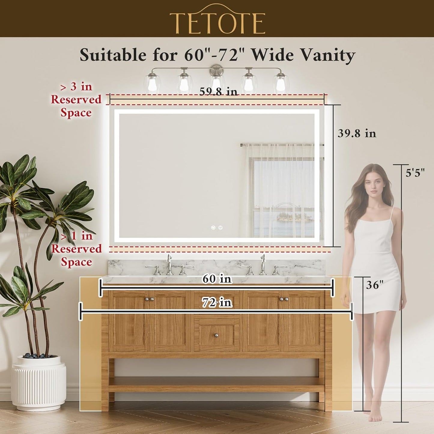 TETOTE 60 x 40 LED Lighted Bathroom Mirror with Lights, Brighter Frontlit and Backlit Led Mirror for Bathroom Wall, Light up Vanity Anti Fog Mirror, 3-Color Dimmable, Waterproof, Tempered Glass