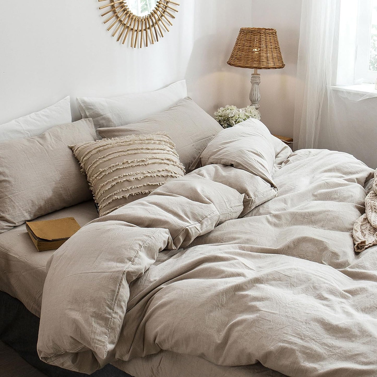 MooMee Bedding Duvet Cover Set 100% Washed Cotton Linen Like Textured Breathable Durable Soft Comfy (Heathered Tannish Linen Grey, Oversized Queen 98"x98")