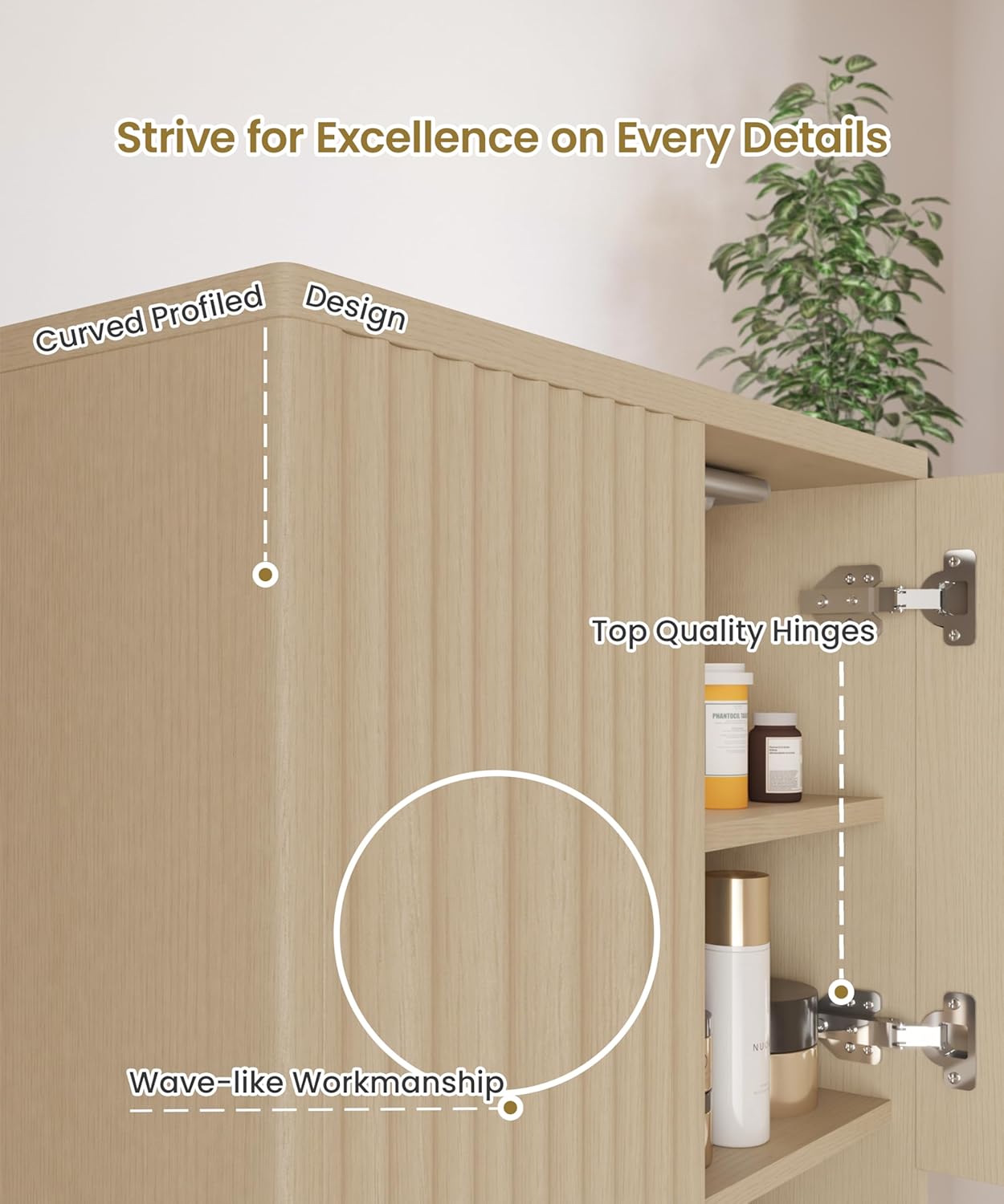 HAIOOU Fluted Bathroom Wall Cabinet with Motion Sensor Light, Curved Profile Wooden Medicine Cabinet Wall Mounted Cupboard, Wave Like Over Toilet Storage Cabinet with Buffering Hinges - Natural
