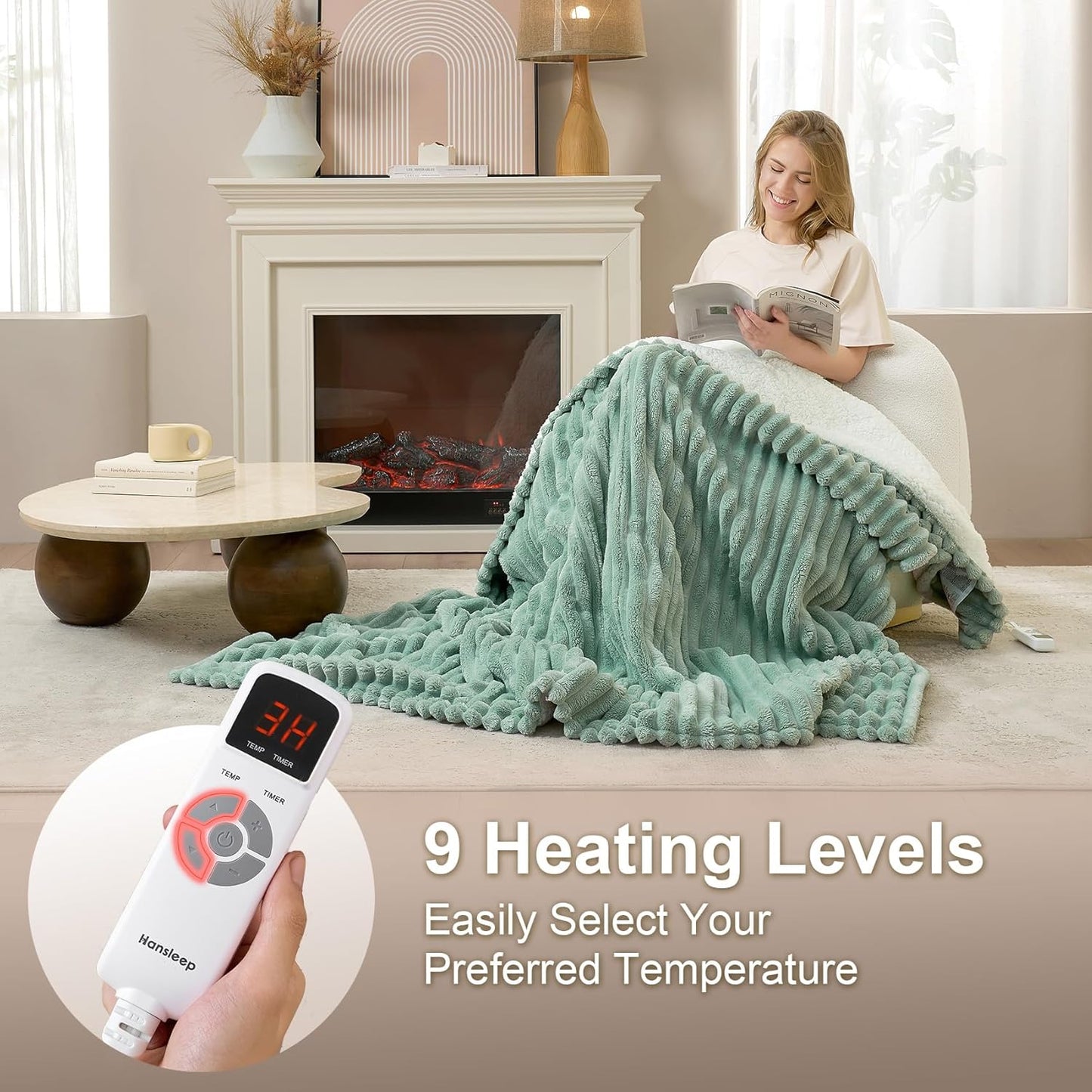 Hansleep Heated Blanket Electric Blanket Throw, Heating Blanket with 9 Heating Levels and 10-Hour Timer Auto Shut Off, Washable Soft Warm Winter Blanket, 50 x 60 Inches, Green