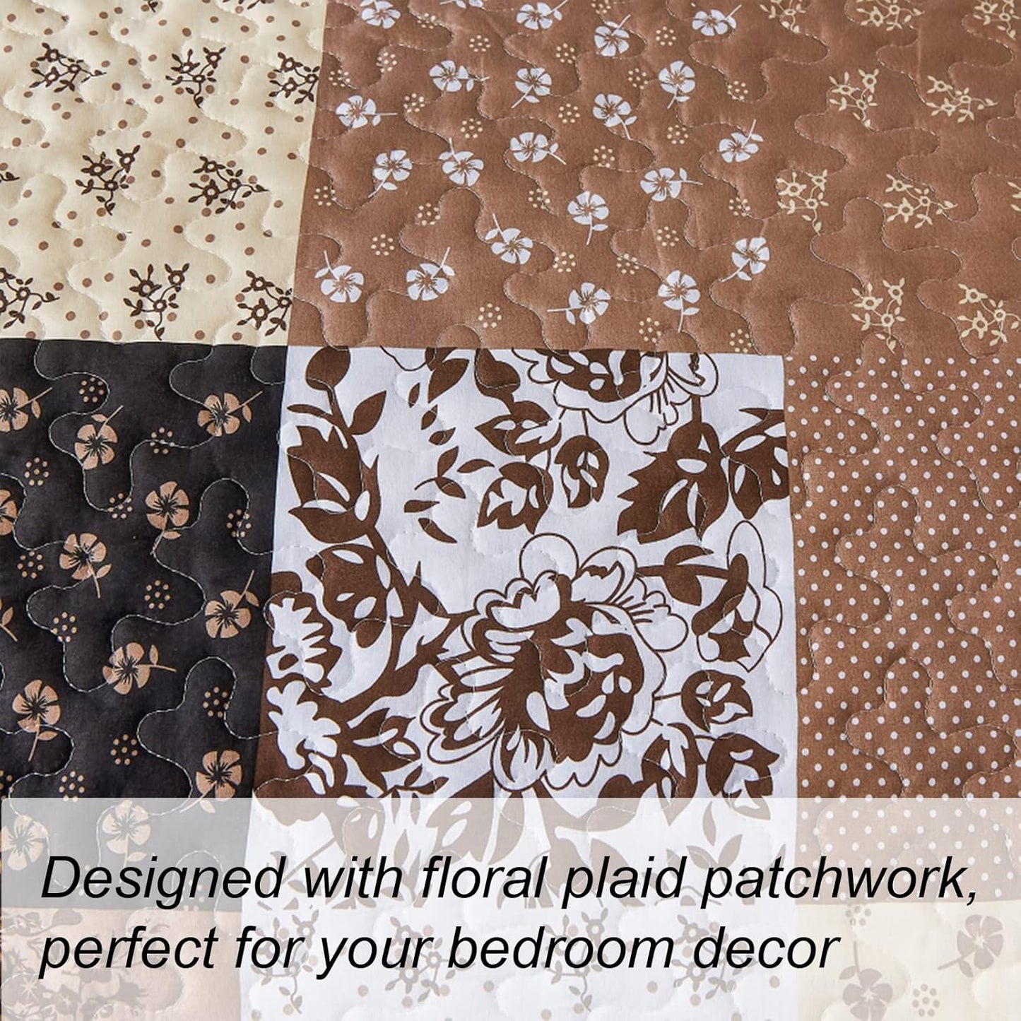 Mybedsoul Patchwork Quilt Set Queen Size,3 Pieces Brown Floral Plaid Patchwork Reversible Bedspread Coverlet Set for All Season,Summer Soft Microfiber Bedding Set Queen 90"x96"