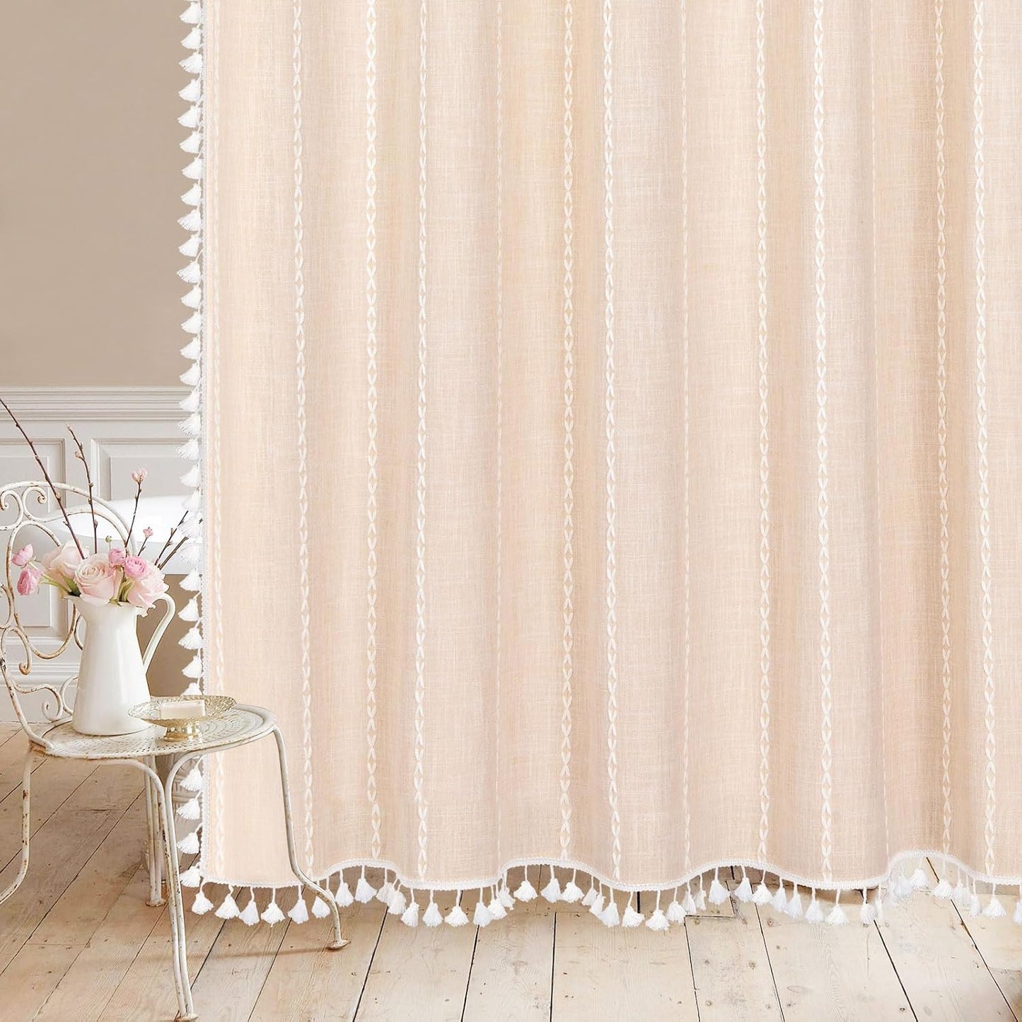 MitoVilla Beige Boho Farmhouse Shower Curtain, Cream Modern Cotton Linen Fabric Shower Curtains for French Country Bathroom Decor, Retro Tassel Thick Cloth Shower Curtain, 72 x 72