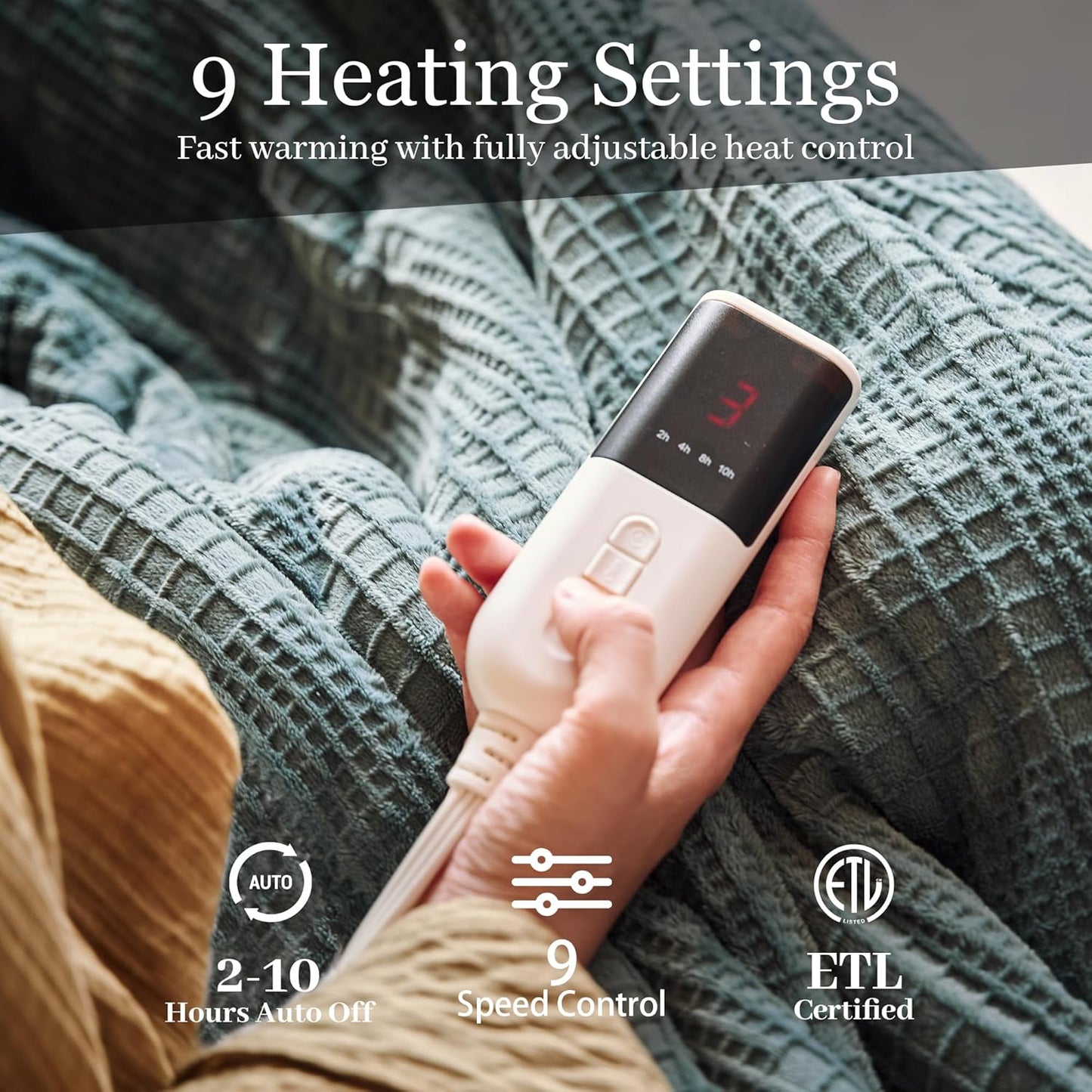 Electric Blanket Twin Size 62''X84'' - Heated Blanket with Single Control Fast Heating 9 Heating Levels & 10 Hours Auto Off,ETL Certified Machine Washable (Green)