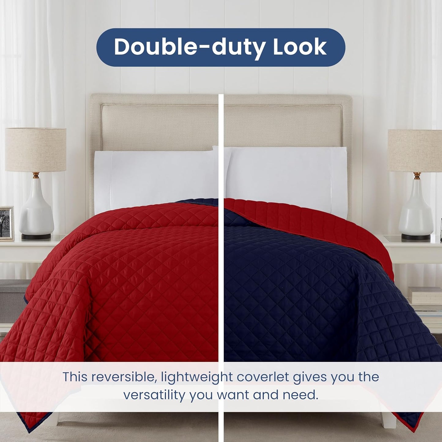 Martex Reversible Coverlet – King Bed Quilt – Lightweight King Size Bedding – Durable King Size Quilts for Bed – Soft - Easy Care Bedding – Red/Navy