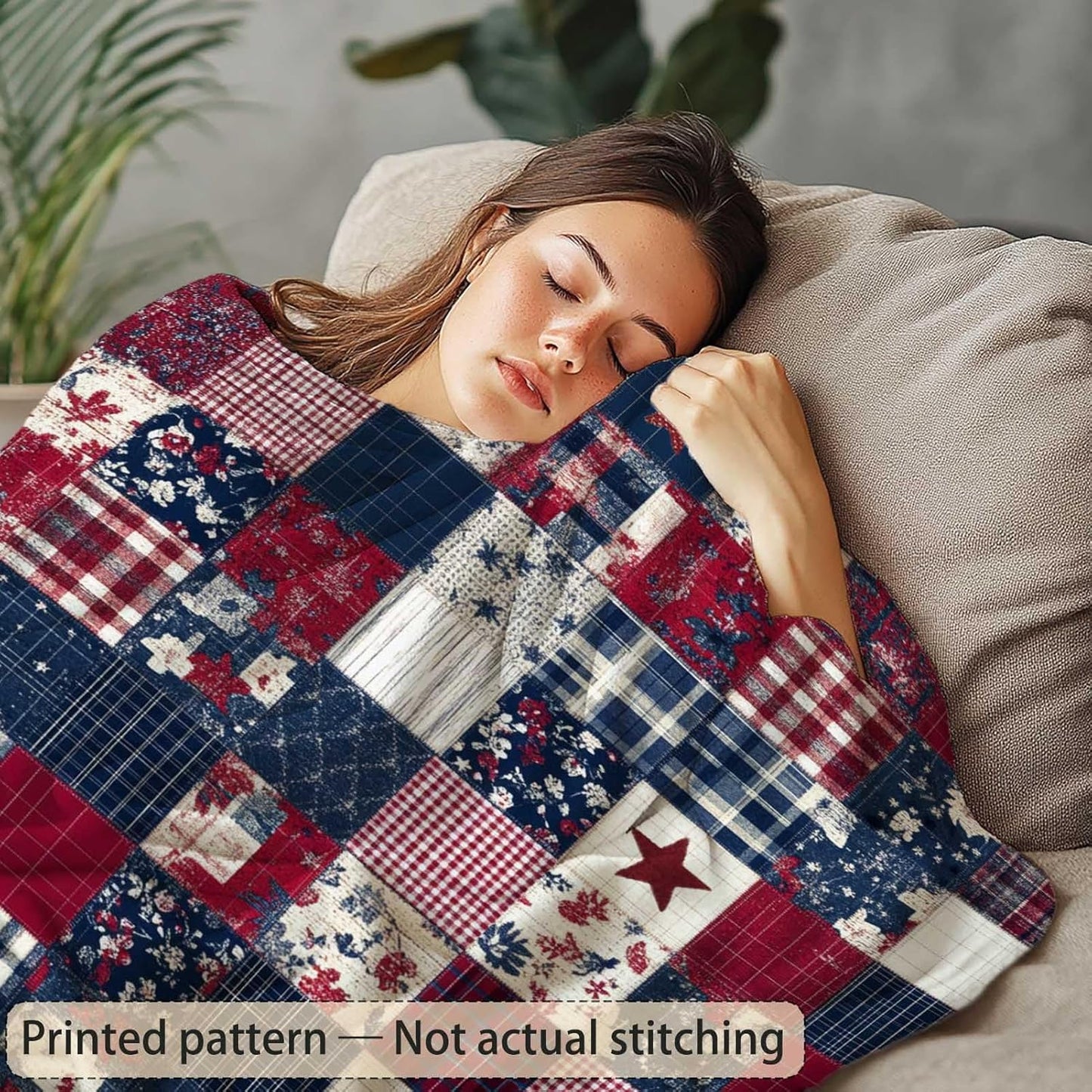 Printed Patchwork Country Blanket Throw for Women and Men, Farmhouse Vintage Blanket Gift, Lightweight Fleece Americana Rustic Home Decor, 40"×50"